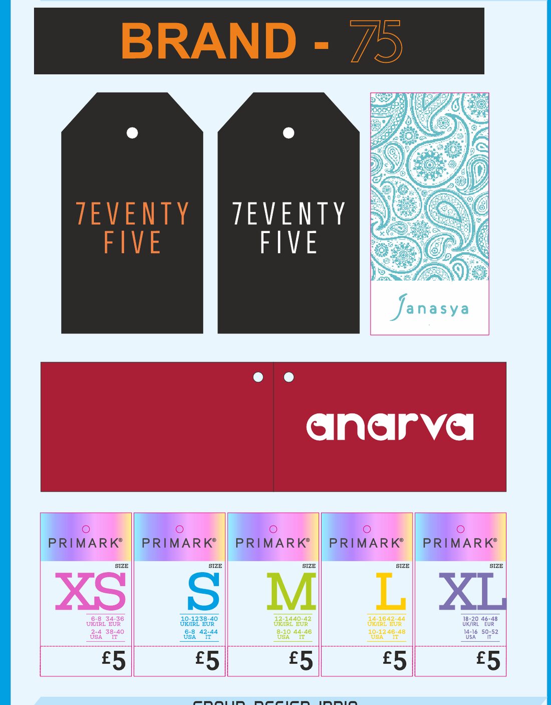Size strips and brand tags — Primark, Anarva