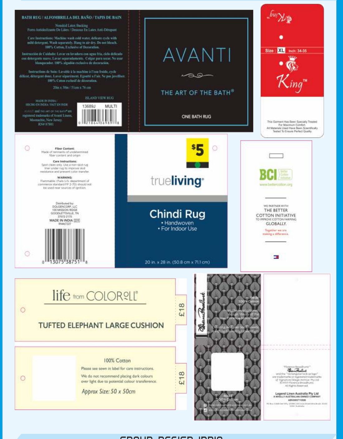 Home textile tags and U-cards — Avanti, True Living